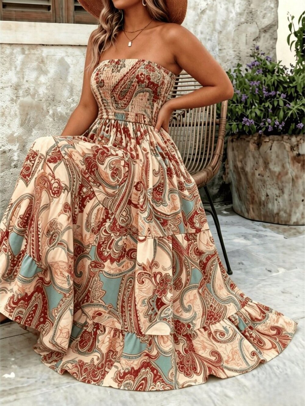 Apricot Boho Women's Plus Size Strapless Maxi Floral Dress